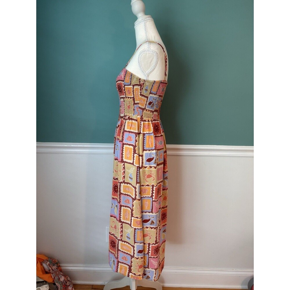 Mediterranean Coastal Smocked Midi Sundress Citrus Sun Novelty Print Dress S - Picture 4 of 11